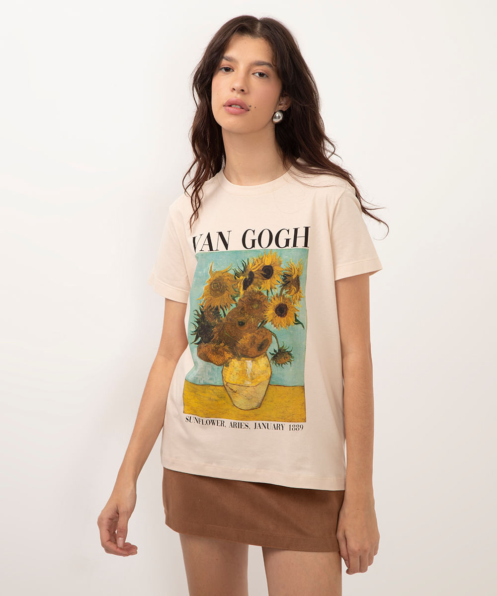 camiseta de algodão van gogh girassol bege