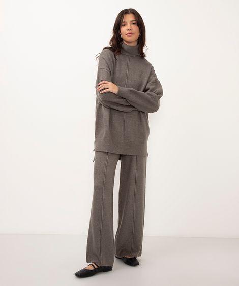 calça reta de tricot cintura alta cinza