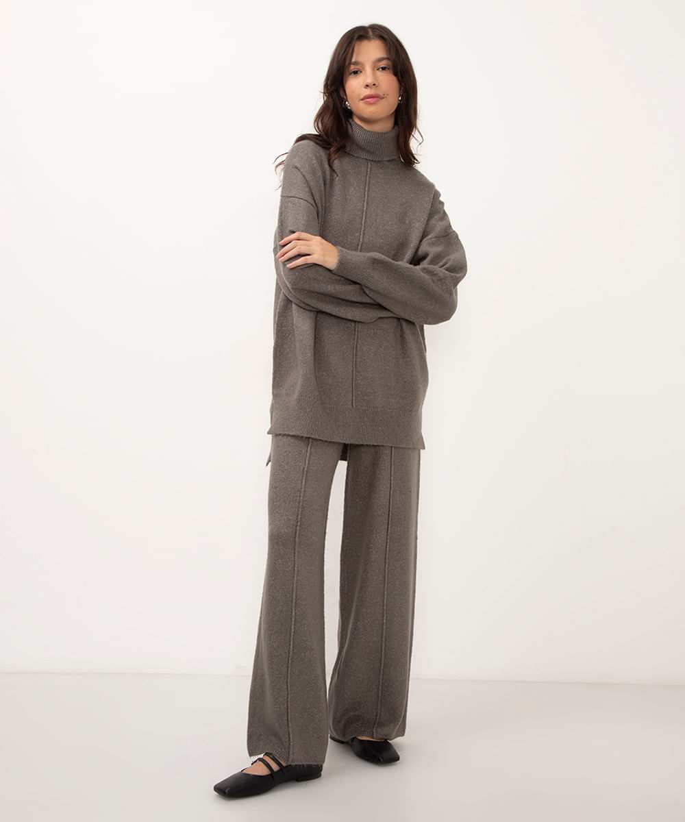 calça reta de tricot cintura alta cinza