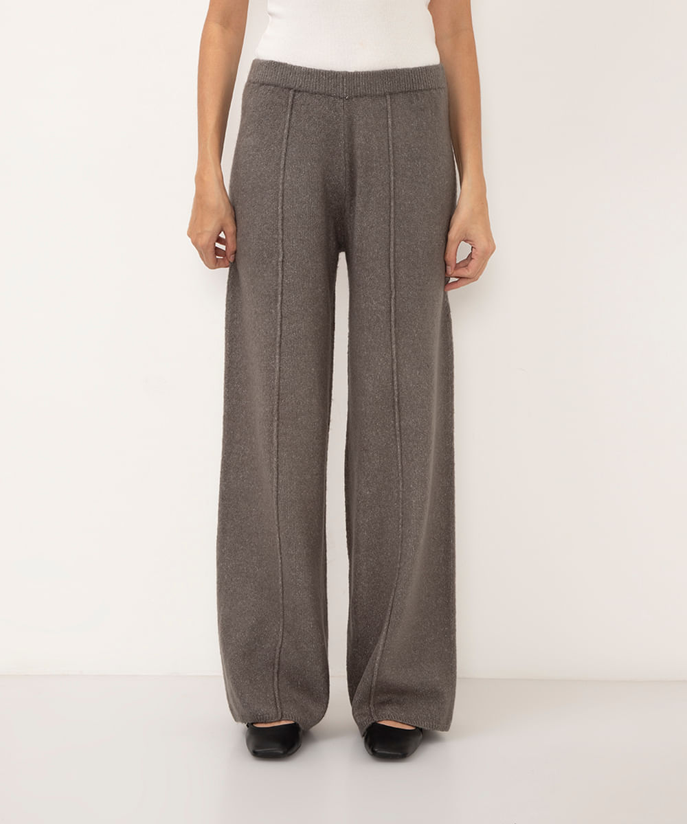 calça reta de tricot cintura alta cinza