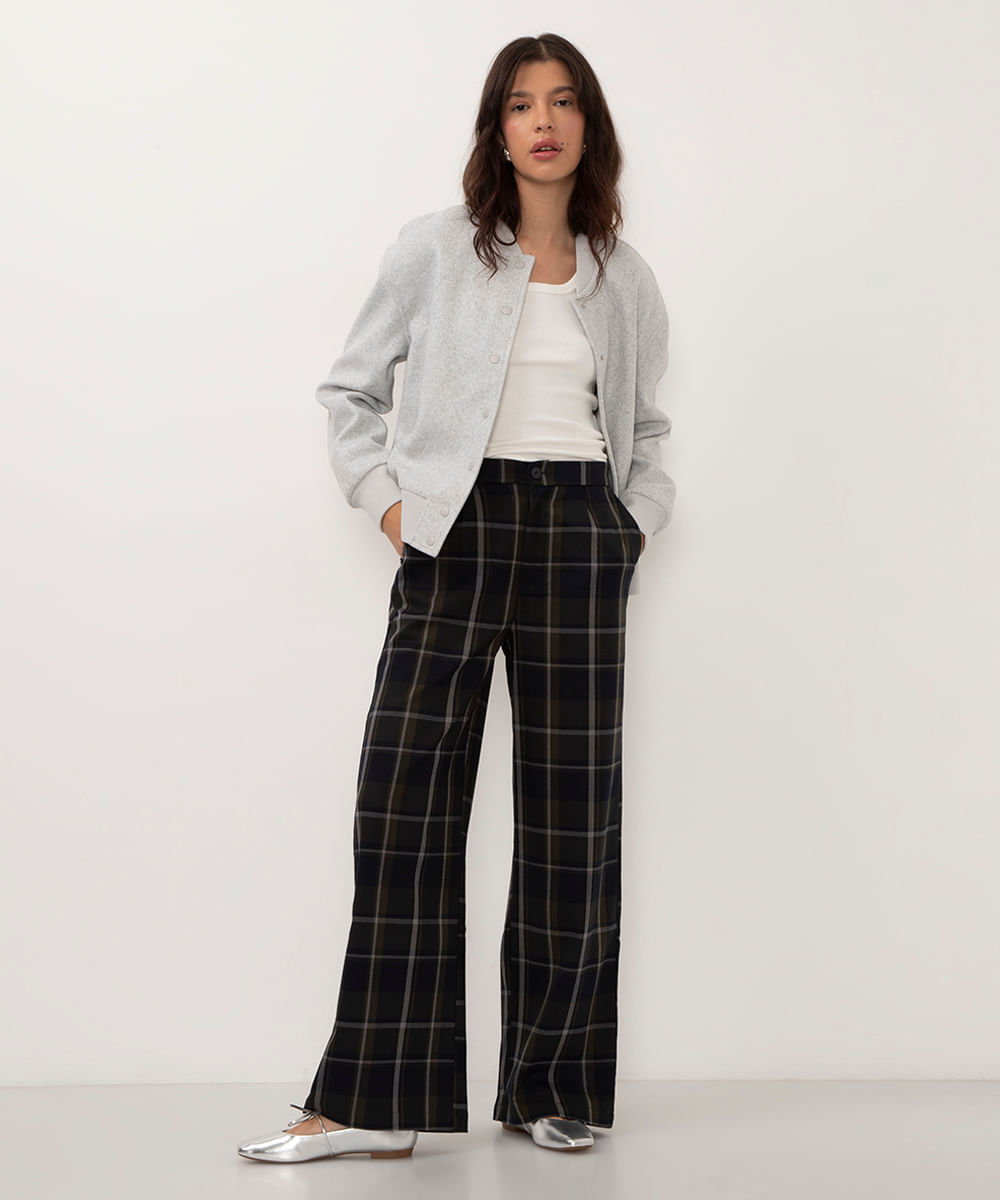 calça de alfaiataria wide leg xadrez cinza