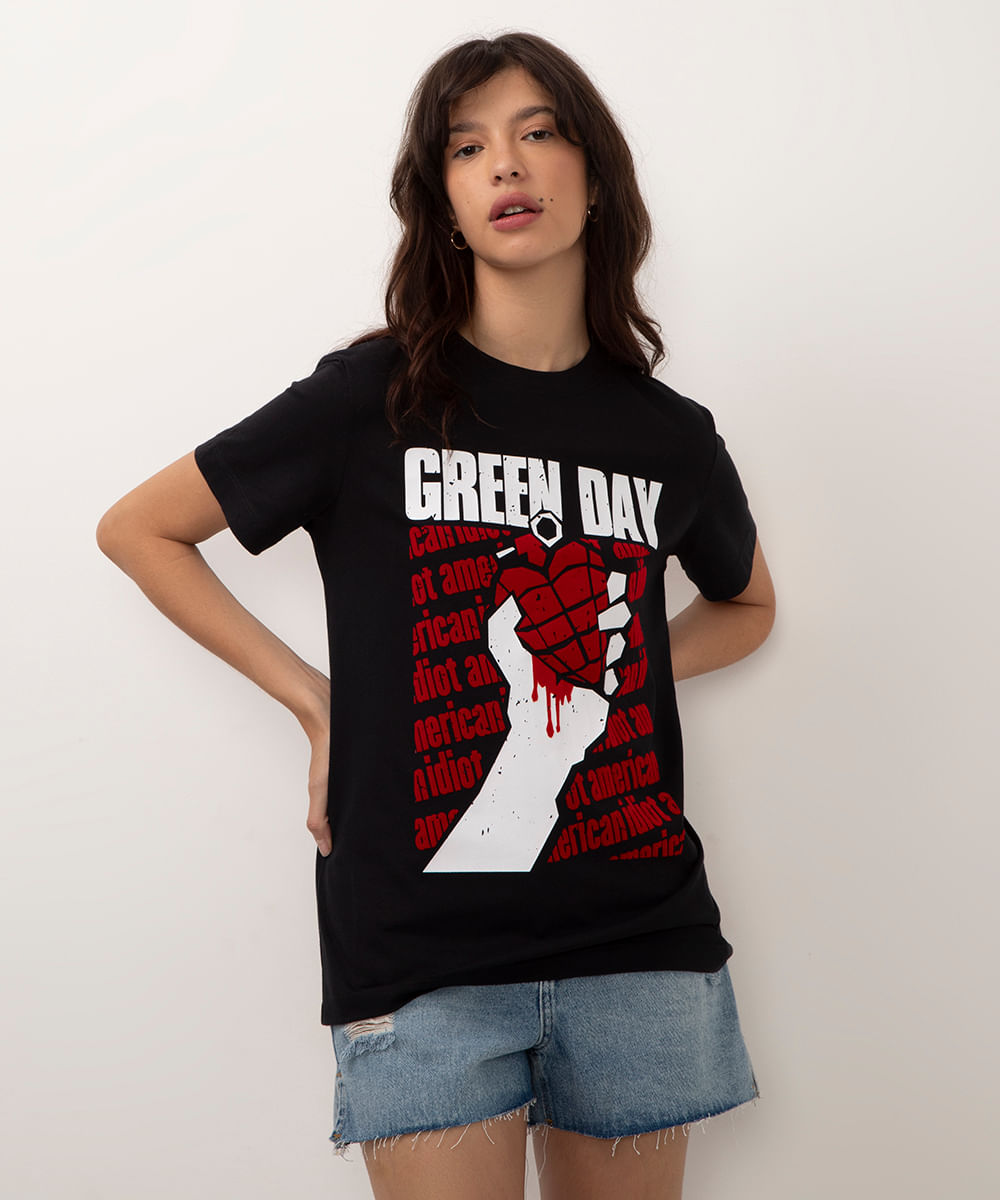camiseta de algodão green day flocada preta