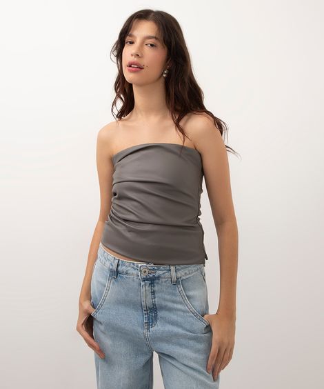 blusa sem alça de poliuretano com franzido cinza