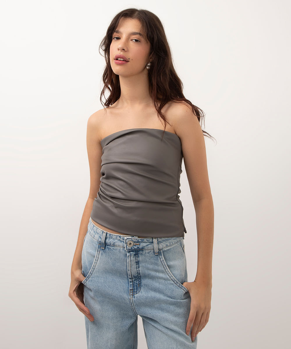blusa sem alça de poliuretano com franzido cinza