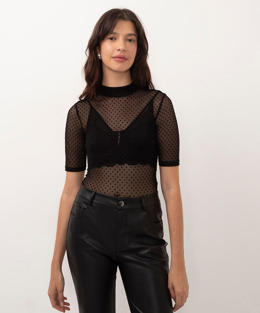 blusa de tule poá flocada preta