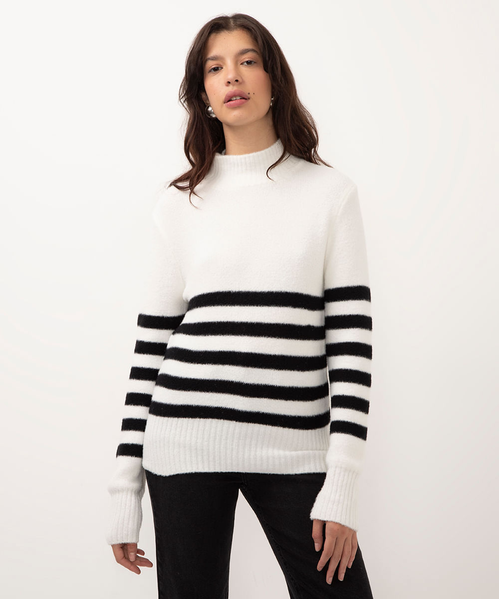 suéter de tricot com pelinhos listrado preto