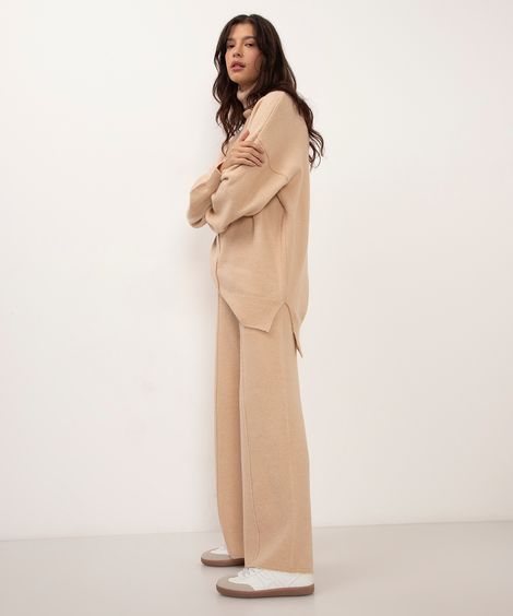 calça reta de tricot cintura alta bege