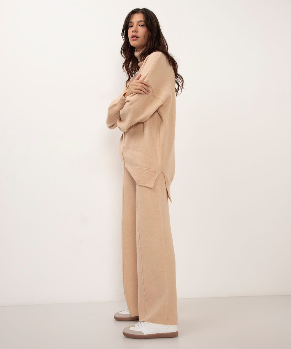 calça reta de tricot cintura alta bege