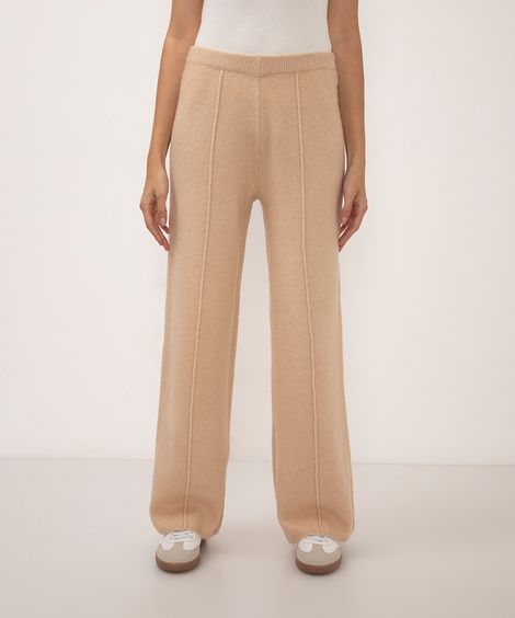 calça reta de tricot cintura alta bege