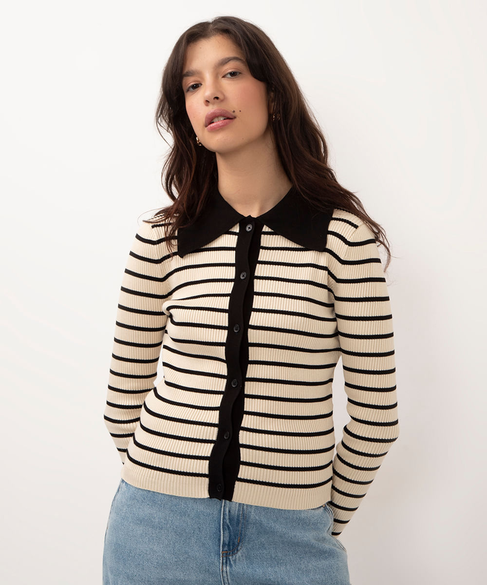 cardigan de tricot canelado listrado bege