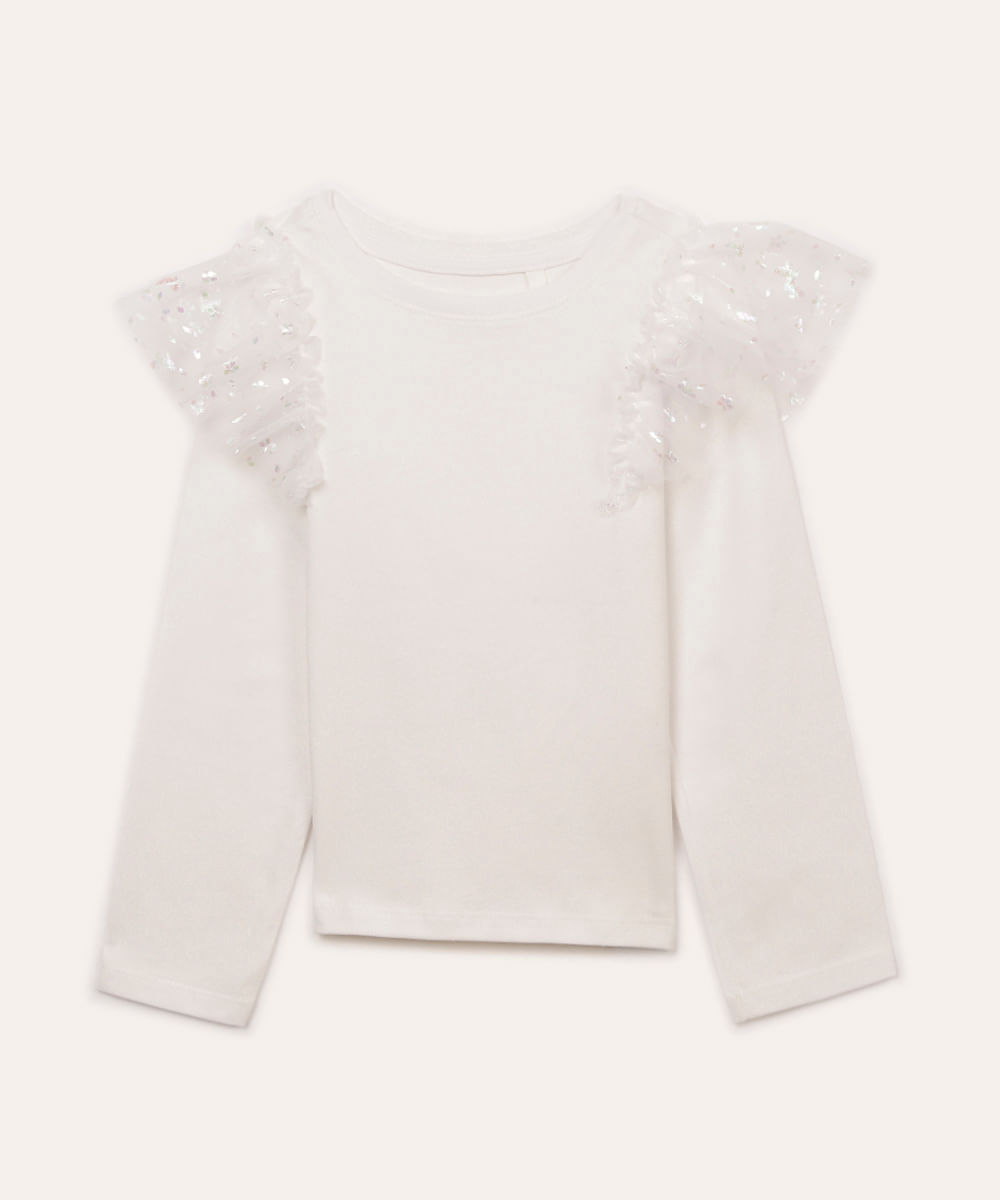 blusa infantil de algodão com tule holográfico off white