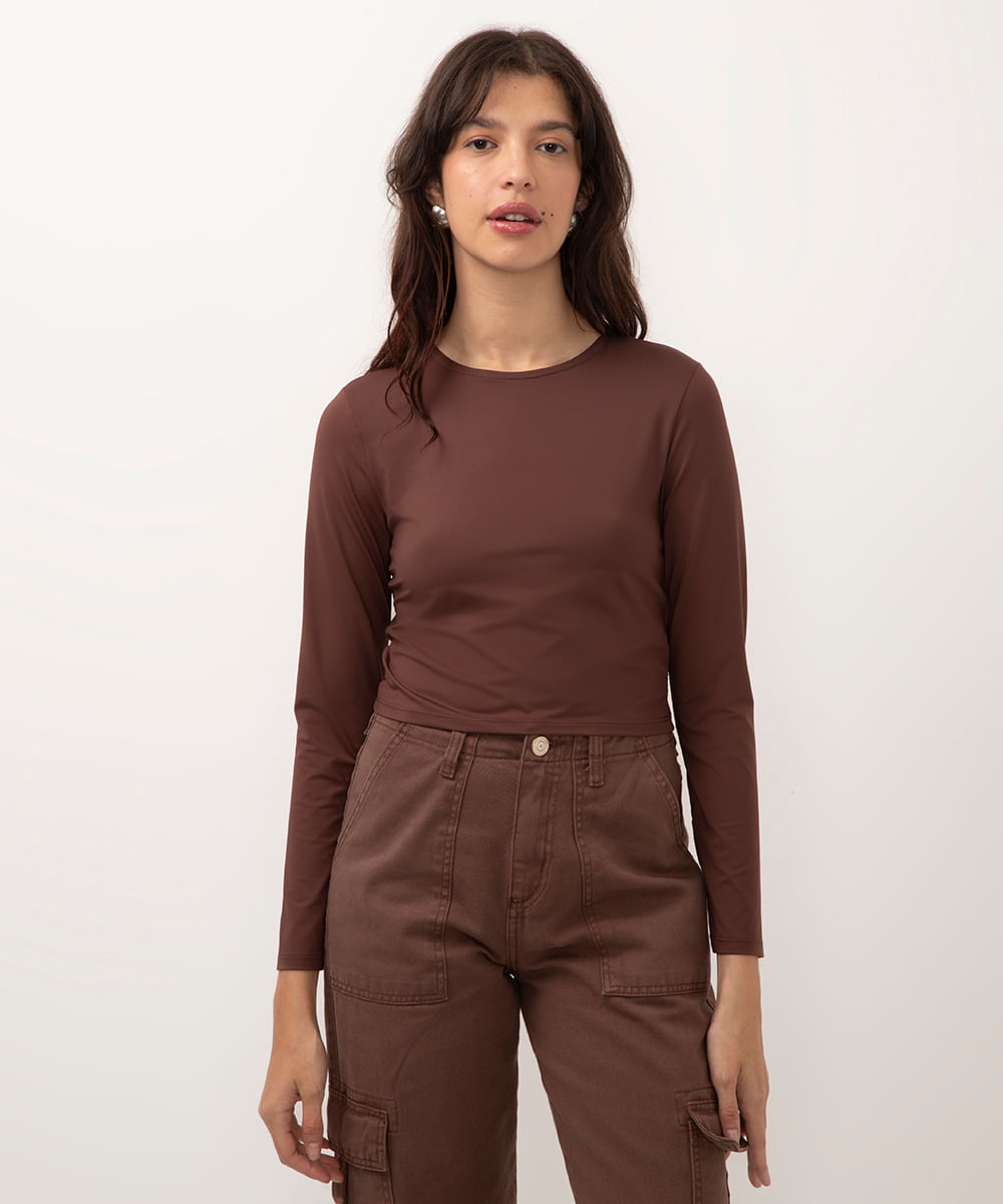 cropped de poliamida manga longa marrom
