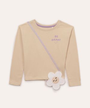 blusa de algodão infantil be happy com bolsinha bege