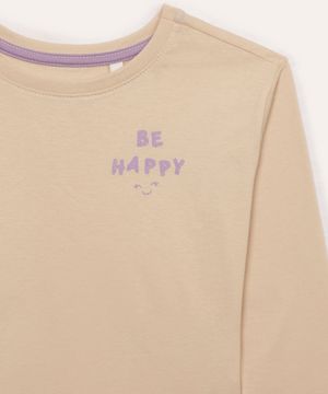 blusa de algodão infantil be happy com bolsinha bege