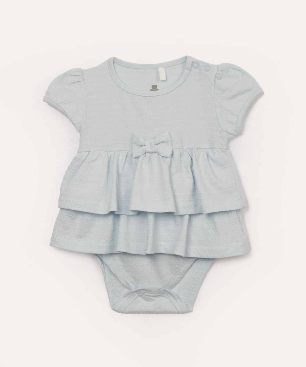 body infantil texturizado com saia babado azul claro