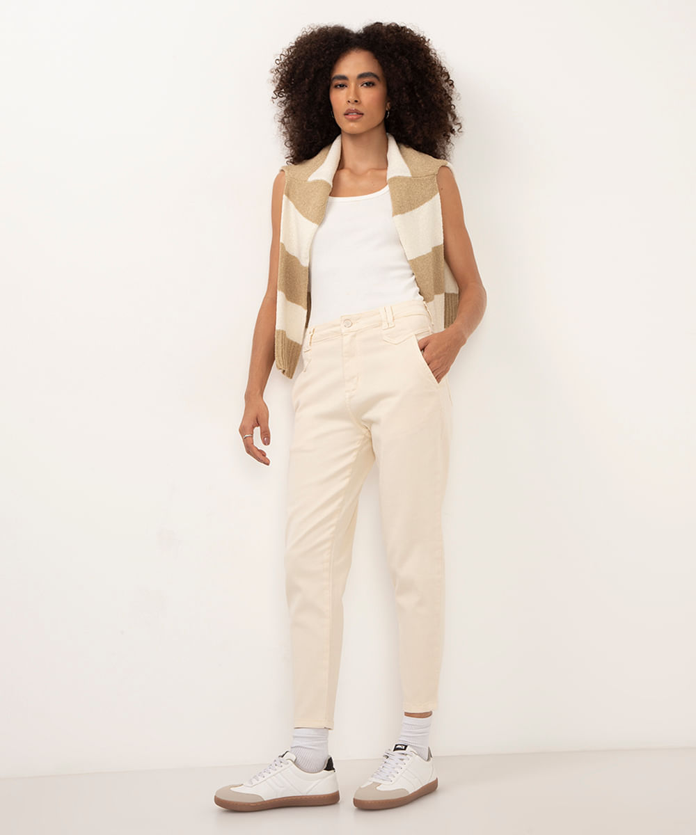 calça de sarja mom cintura alta sawary bege