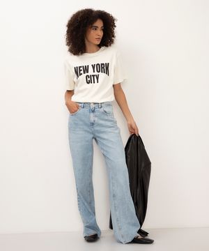 calça jeans wide leg slim com brilhos azul claro