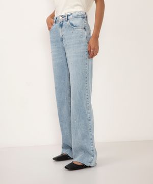 calça jeans wide leg slim com brilhos azul claro