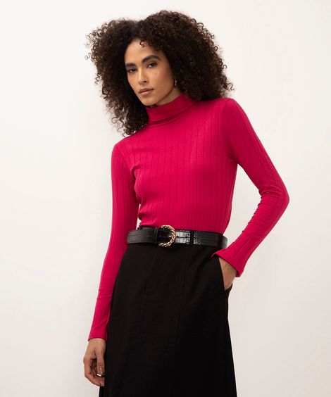 blusa de algodão gola rolê canelada rosa