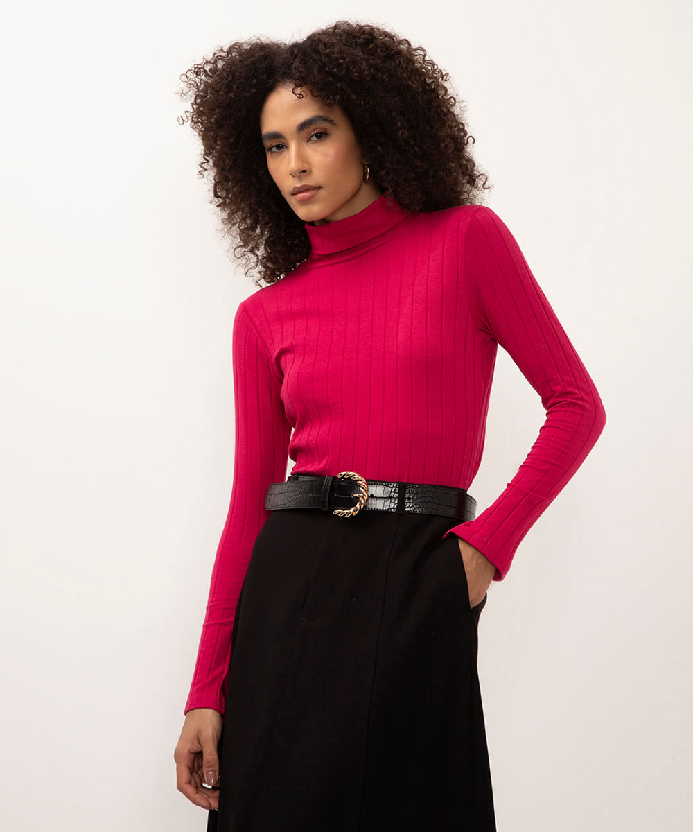 blusa de algodão gola rolê canelada rosa