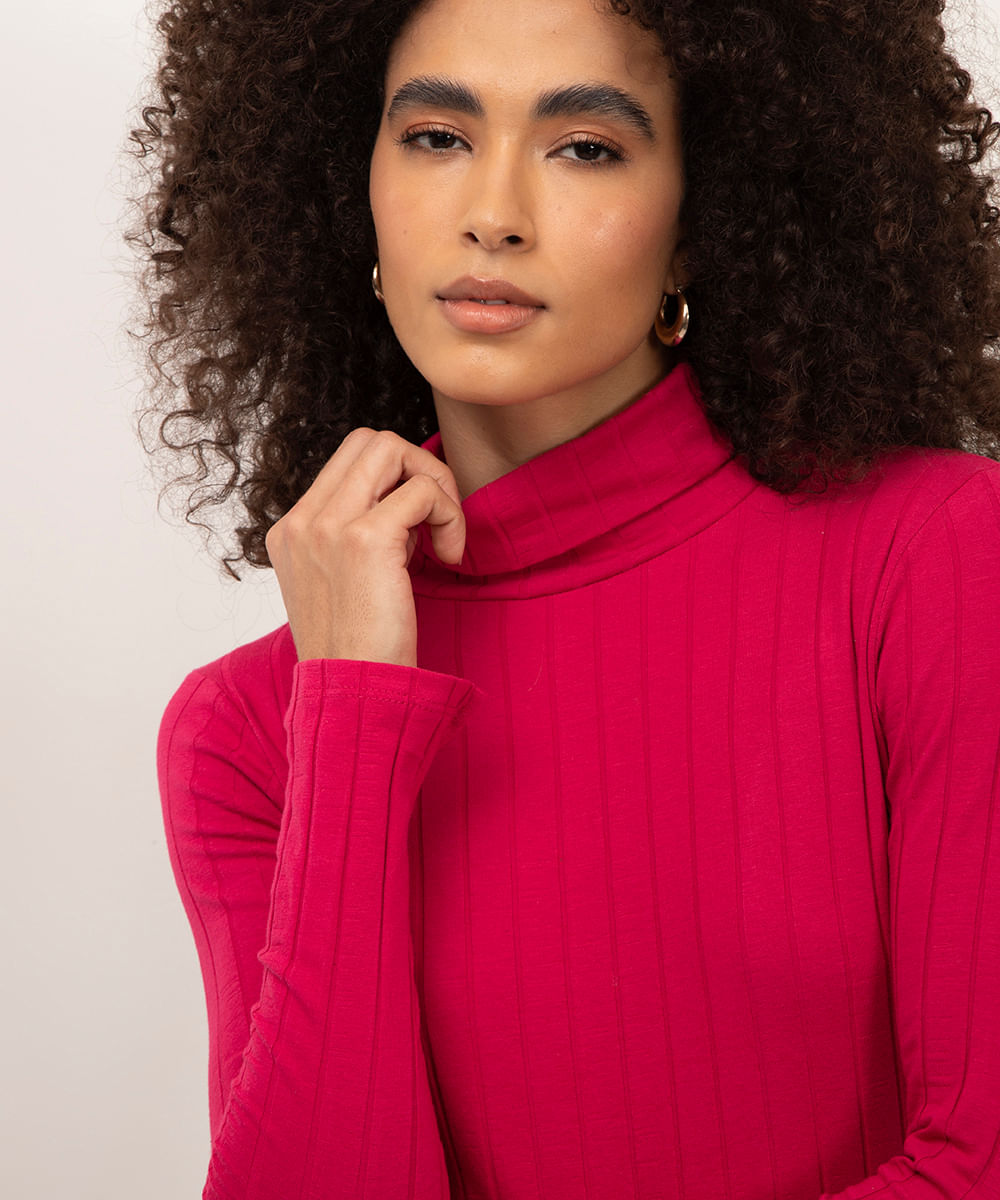 blusa de algodão gola rolê canelada rosa