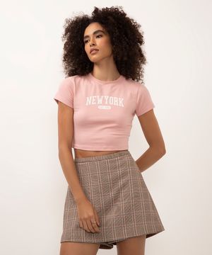 camiseta cropped de algodão new york rosa