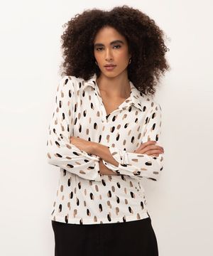 camisa de viscose manga longa com martingale poá off white