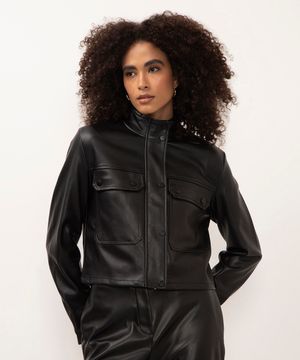 jaqueta de poliuretano com bolsos preto