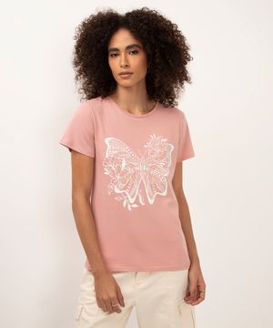 camiseta de algodão manga curta borboleta rosa