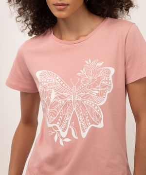 camiseta de algodão manga curta borboleta rosa