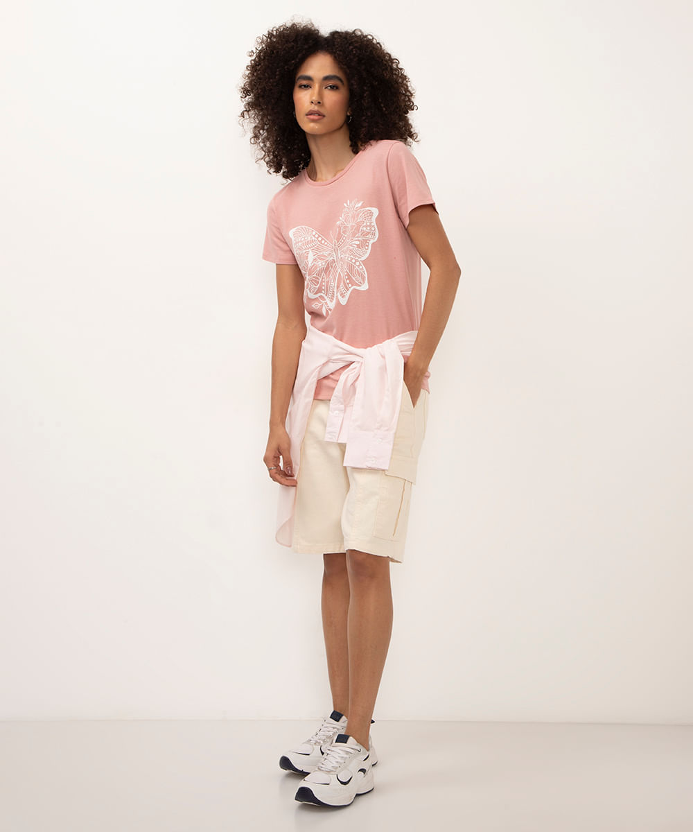camiseta de algodão manga curta borboleta rosa