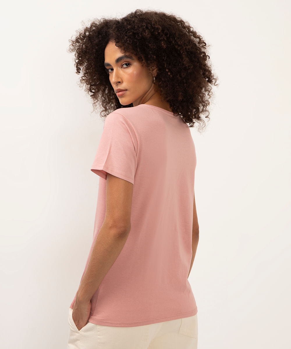 camiseta de algodão manga curta borboleta rosa