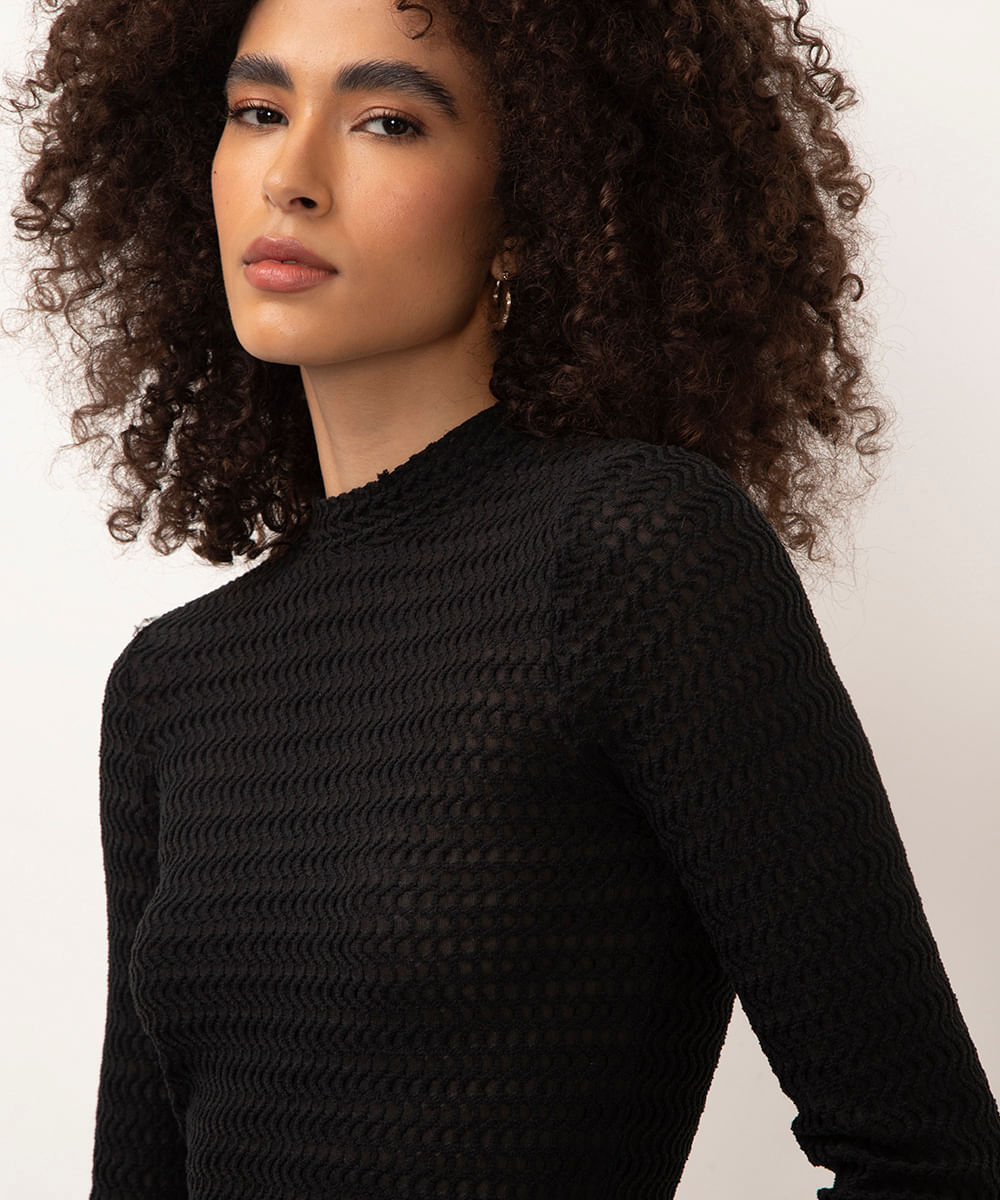 blusa com textura manga longa preto