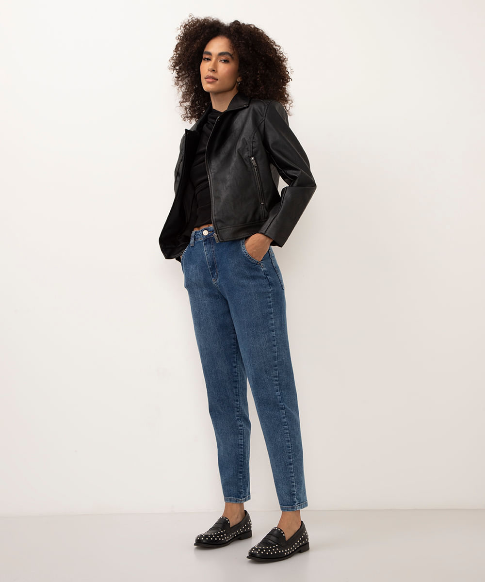 calça jeans mom cintura alta bolso faca sawary azul