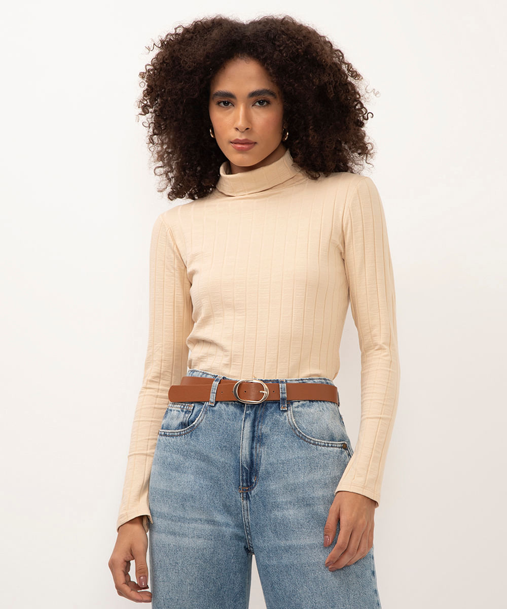 blusa de algodão gola rolê canelada bege