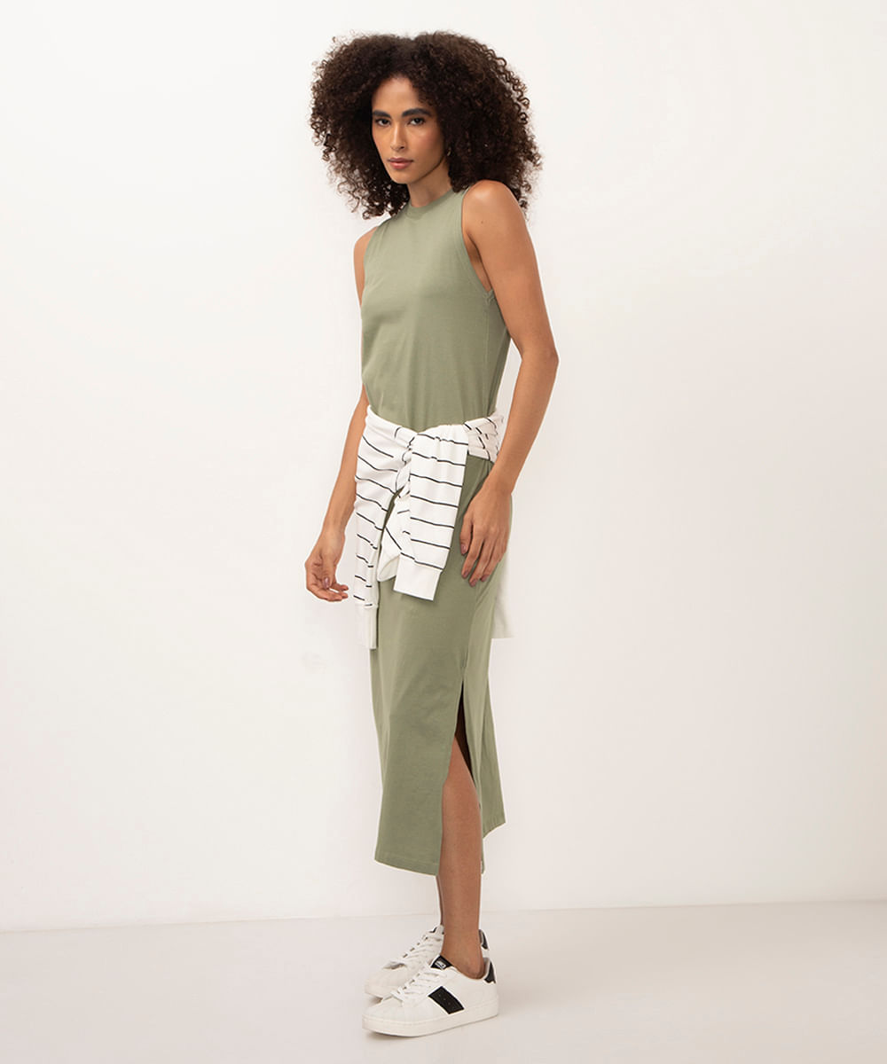 vestido de algodão midi com fenda verde