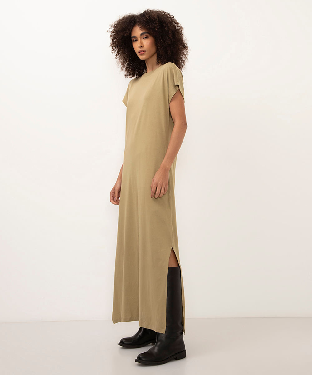 vestido de algodão longo com fenda verde