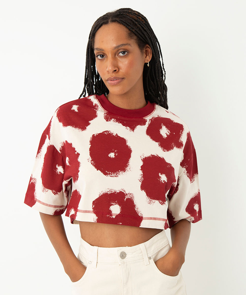 cropped de algodão rosas maxi clarisse romeiro bege