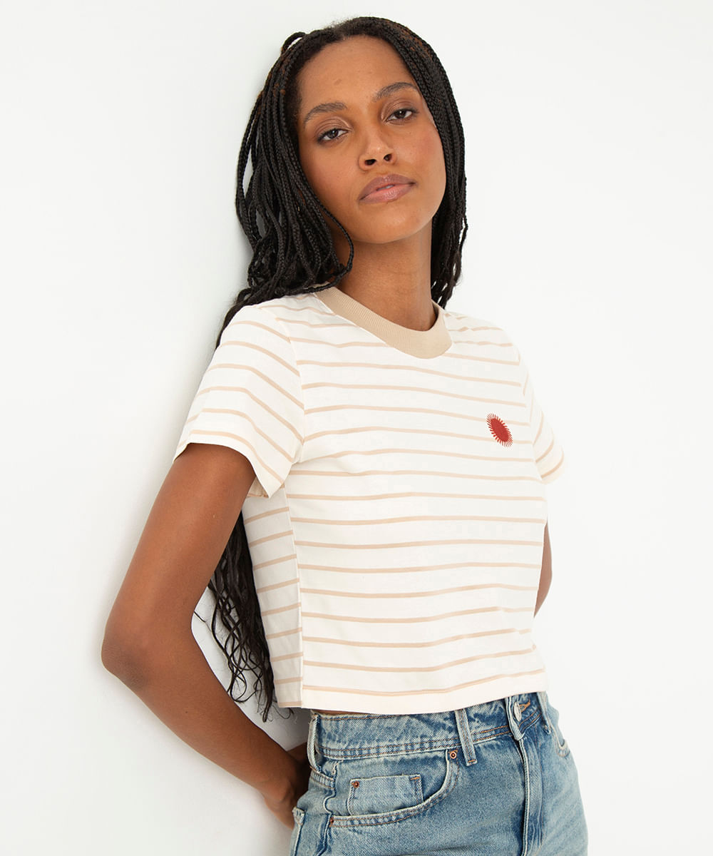 camiseta de algodão listrada bordada sol clarisse romeiro off white