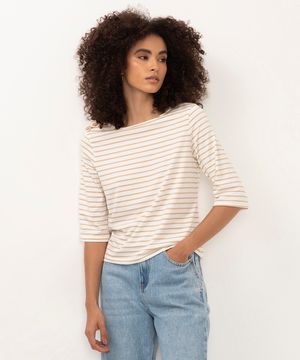 blusa de viscose listrada manga curta botões bege