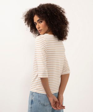 blusa de viscose listrada manga curta botões bege