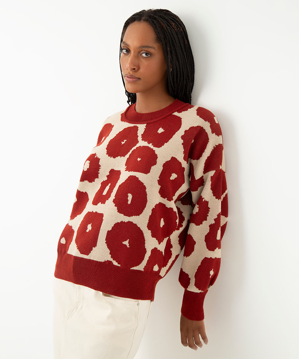 suéter de tricot oversized rosas verdes clarisse romeiro bege