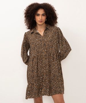 vestido de viscose chemise curto animal print marrom