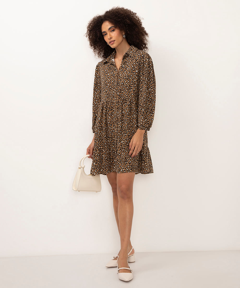 vestido de viscose chemise curto animal print marrom