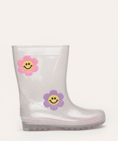galocha infantil com brilho e flores transparente