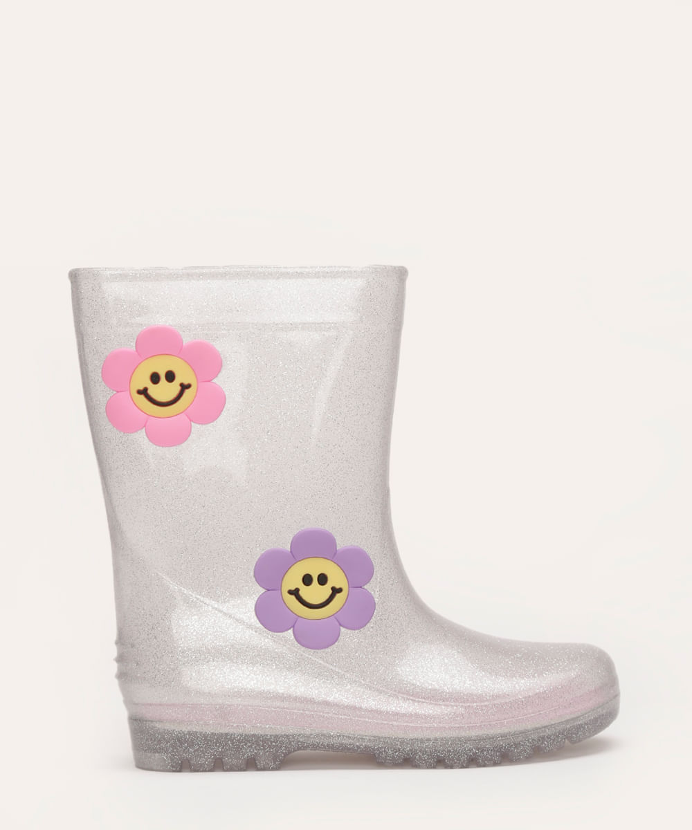 galocha infantil com brilho e flores transparente