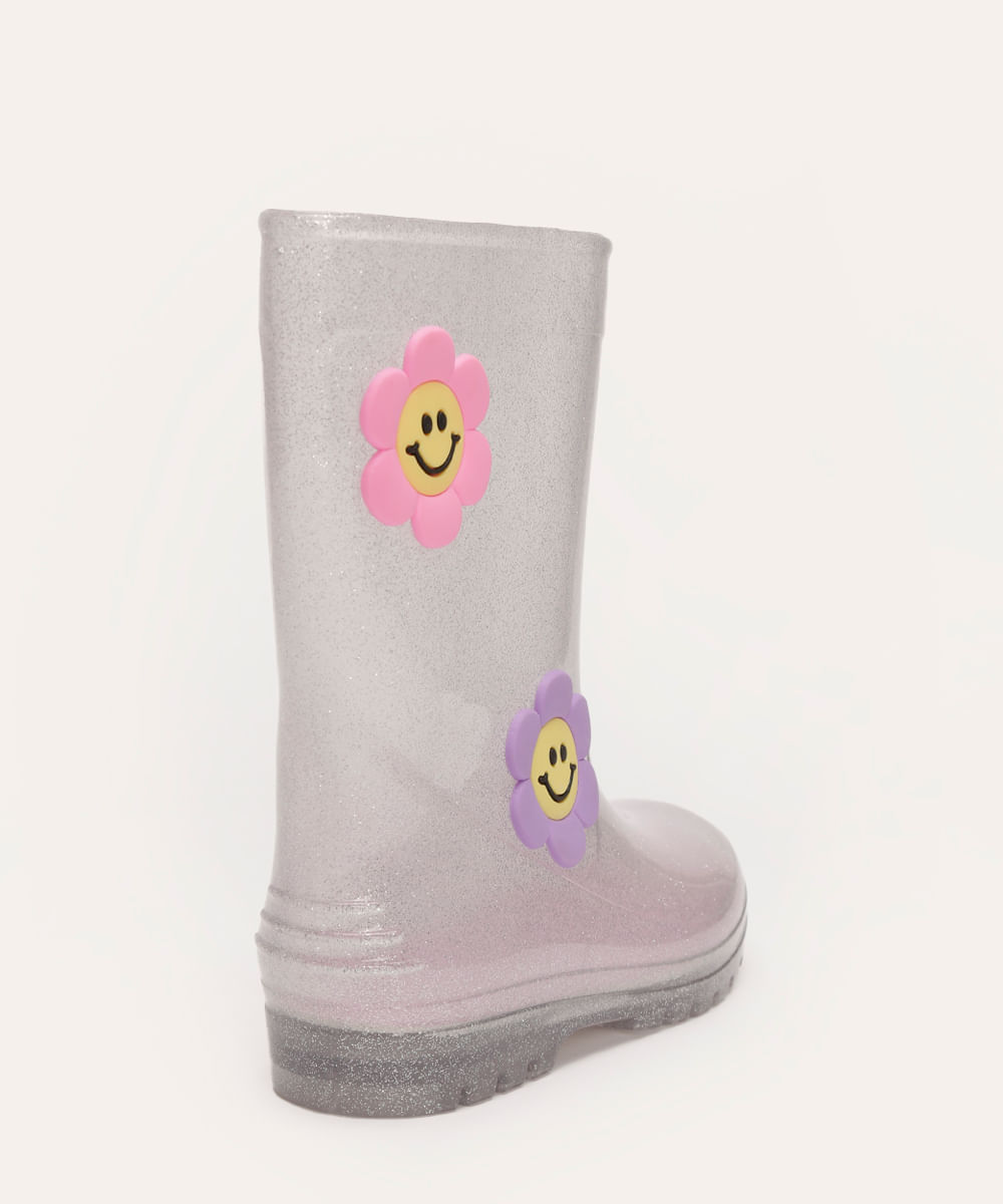 galocha infantil com brilho e flores transparente