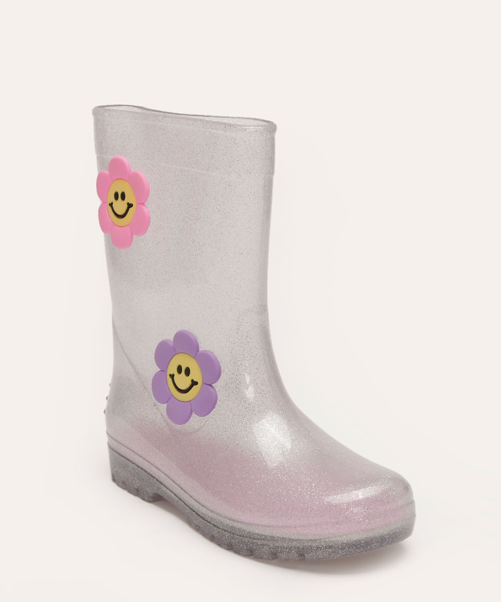 galocha infantil com brilho e flores transparente