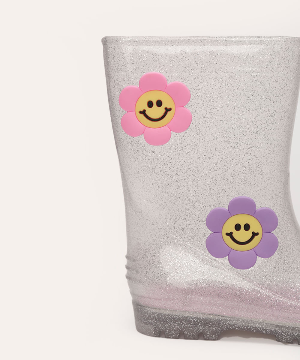 galocha infantil com brilho e flores transparente