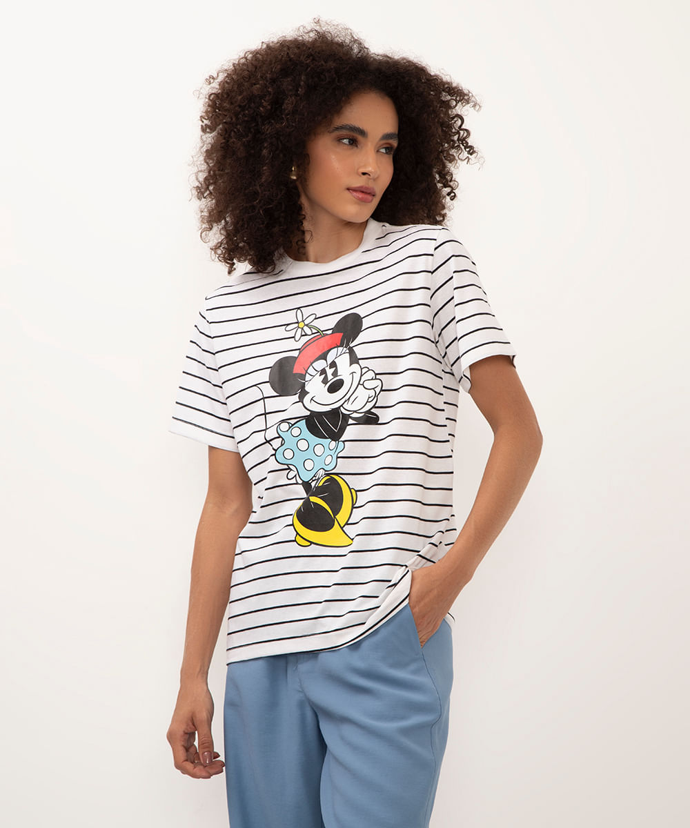 camiseta de algodão minnie listrada branco